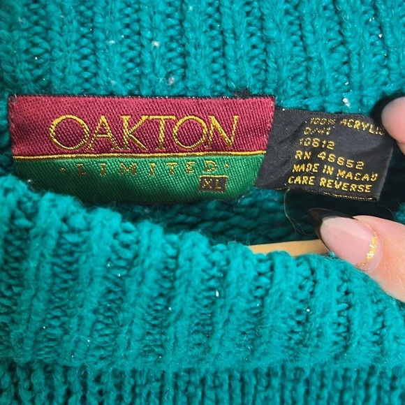 Vintage 90s Oakton Aztec All Over Print Grandpa Aesthetic Teal Knit Sweater - Picture 7 of 8
